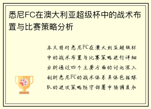 悉尼FC在澳大利亚超级杯中的战术布置与比赛策略分析