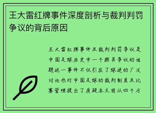 王大雷红牌事件深度剖析与裁判判罚争议的背后原因 王大雷红牌事件深度剖析与裁判判罚争议的背后原因