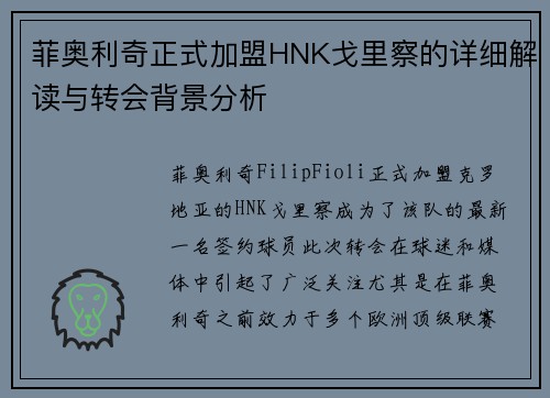 菲奥利奇正式加盟HNK戈里察的详细解读与转会背景分析