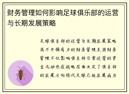 财务管理如何影响足球俱乐部的运营与长期发展策略