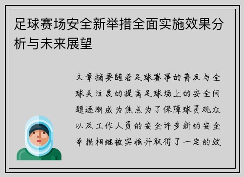 足球赛场安全新举措全面实施效果分析与未来展望